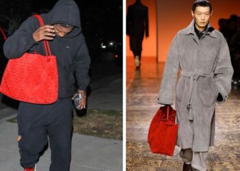 Fashion Bomb Mens: A$AP Rocky Stepped Out Wearing a New Bottega Winter ’24 Large Intrecciato Andiamo Bag