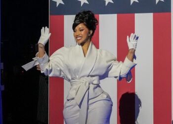 Cardi B Speaks at Kamala Harris Rally in Milwaukee Wearing a White Kristina Fidelskaya Suit and Christian Louboutin Pumps