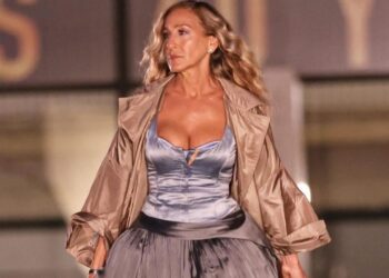 Carrie Bradshaw wore an Archival Vivienne Westwood Look with a Taller Marmo Coat and Aquazzura Heels on the Set of “And Just Like That…”