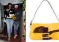 Rihanna Grabbed Dinner in Los Angeles in a Black and White Alexander Wang NY Fur Jacket and Belt with a Yellow Fendi Pony Hair Handbag