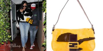 Rihanna Grabbed Dinner in Los Angeles in a Black and White Alexander Wang NY Fur Jacket and Belt with a Yellow Fendi Pony Hair Handbag