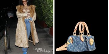 Rihanna Grabbed Dinner in a Vintage Coat, Gold Corset, Blue Jeans and a Louis Vuitton Nano Speedy Bag