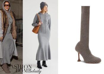 Rihanna Stepped Out in a Grey Patou Look with a Loewe Jacket, Bottega Veneta Sunglasses and Amina Muaddi Knit Boots