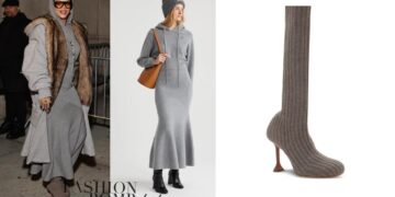 Rihanna Stepped Out in a Grey Patou Look with a Loewe Jacket, Bottega Veneta Sunglasses and Amina Muaddi Knit Boots