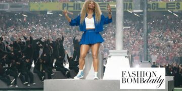 Serena Williams Crip Walks on Stage at the Super Bowl LIX in a Cobalt Blue Nike Crop Jacket and Mini Tennis Skirt