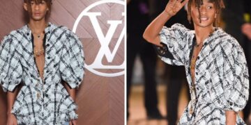 Jaden Smith Wore a Black and White Tweed Louis Vuitton SS25 Blazer with Light Blue Denim Jeans and a Petite Malle bag to Paris Fashion Week