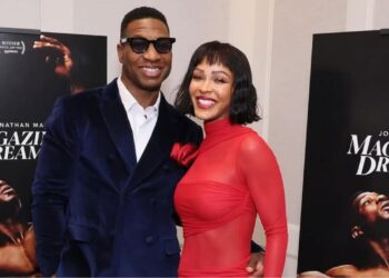Meagan Good Posed with Her Husband Jonathan Majors in a Red Do Long Official Dress at the ‘Magazine Dreams’ Screening