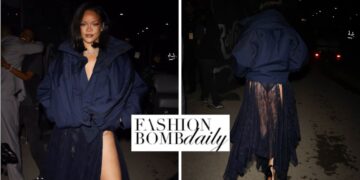 Rihanna Attended Rolling Loud in a Navy Blue $2,450 Balenciaga Upside Down Windbreaker Jacket