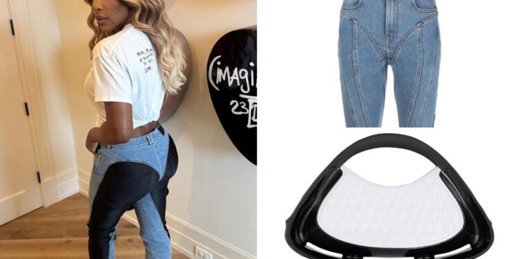 Serena Williams Posed for the ‘Gram in Blue $690 Mugler Jeans and a White $1,295 Balmain ‘Jolie Madame’ Handbag