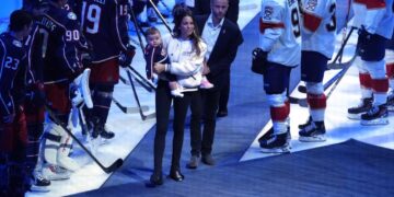 Johnny Gaudreau’s Wife Meredith Leads Blue Jackets on Ice Before Game