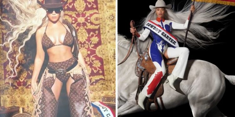 Beyonce Promotes the ‘Cowboy Carter’ Tour in a Brown Louis Vuitton Monogram Bikini with Matching Chaps