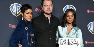 Teyana Taylor Wore a Navy Schiaparelli Coat Alongside Leonardo DiCaprio and Regina Hall in a Aqua Vince Top and Tom Ford Sequins Pants While Promoting New Film