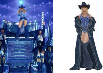Beyonce Performed in a Blue Denim Telfar Set and Cobalt Blue Paisley Bodysuit on her Cowboy Carter Tour