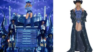 Beyonce Performed in a Blue Denim Telfar Set and Cobalt Blue Paisley Bodysuit on her Cowboy Carter Tour