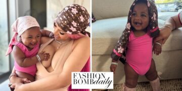 Cardi B Debuts Daughter Blossom in a Pink and Tan Louis Vuitton X Takashi Murakami Cherry Blossom Accessories