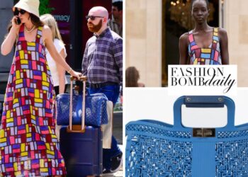 Anne Hathaway Spotted Filming “The Devil Wears Prada 2” in a $7,900 Multicolor Gabriela Hearst Maxi Dress with a Cobalt Blue Fendi Bag