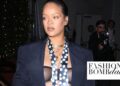 Rihanna Grabbed Dinner at Giorgio Baldi in a Black Oversized ERL Suit, with a Polka Dot Tie and a Black Savage X Fenty Sheer Bralette