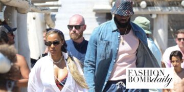 Savannah James Was Captured with Lebron James in Saint-Tropez in a $1,000 Cherry Printed Valentino Bikini with a $933 White Ferragamo Kaftan Shirt