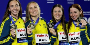Swimming world championships 2025: Mollie O’Callaghan, Lani Pallister, Jamie Perkins, Brittany Castelluzzo win gold for Australia in women’s 4x200m freestyle relay