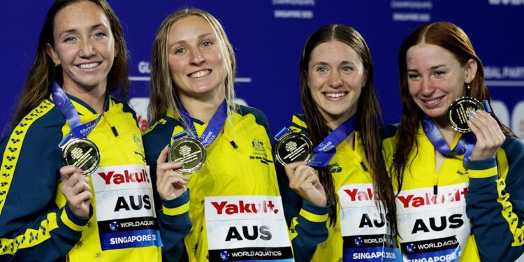 Swimming world championships 2025: Mollie O’Callaghan, Lani Pallister, Jamie Perkins, Brittany Castelluzzo win gold for Australia in women’s 4x200m freestyle relay