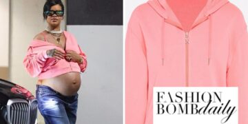 Rihanna Sported a Cherry Pink Savage X Fenty Hoodie with Blue Jeans and Timberland Boots
