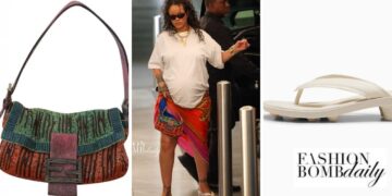 Rihanna Stepped out in Beverly Hills in a Multicolor Hermes Scarf Tied as a Skirt with FENTY x Puma Van Cleat Sandals and a $1,373 Rare Fendi Bag