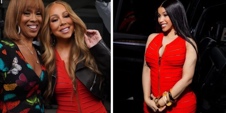 Celebs Love: Mariah Carey and Cardi B Both Spotted in Red $2,900 Balmain Knitted Maxi Dress