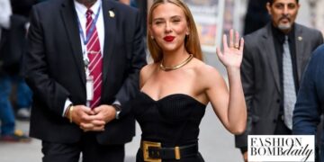 Scarlett Johansson Steps Out in a Black Balmain Strapless Dress in New York