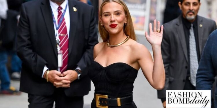 Scarlett Johansson Steps Out in a Black Balmain Strapless Dress in New York