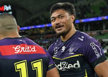 Craig Bellamy and Petero Civoniceva react to sledge from Stefano Utoikamanu ahead of Storm vs Broncos