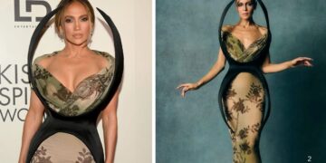 JLO Reunites with Ben Affleck at the “Kiss Of The Spider Woman” Premiere in a Green and Brown Harris Reed Gown