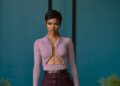 Hulu’s All’s Fair Fashion : Teyana Taylor in a Blush Rick Owens Cut-Out Top and Plum Victoria Beckham Trousers