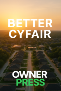 Aerial view of a Cypress, Texas neighborhood featured in The Owner Press short film Better Cyfair