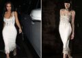 Kim Kardashian Wears White Dilara Findikoglu Gown With Safety-Pin Fringe to Petra Collins’ Plaza on La Brea Party