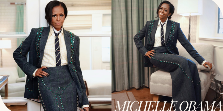 Michelle Obama Looks Fierce in a Navy Plaid Thom Browne Embellished Suit