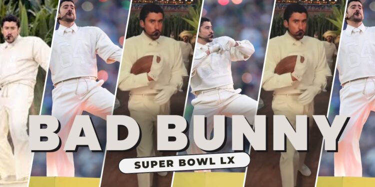 Bad Bunny Performed at the Super Bowl LX Halftime Show in a Custom Cream Zara Look, White Adidas BadBo 1.0 Sneakers and a Audemars Piguet watch
