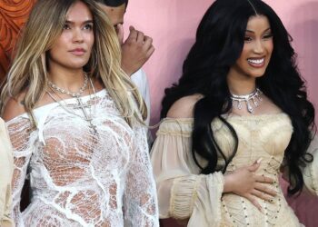 Cardi B in Cream Zimmermann and Karol G in White Ann Demeulemeester Dance with Bad Bunny at the Super Bowl Halftime Show