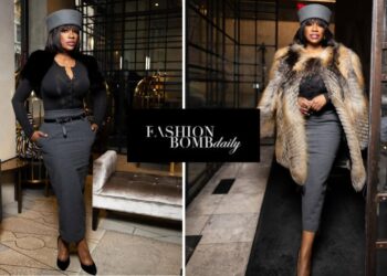 Kandi Burruss Stuns in Black and Grey The Frankie Shop Look with a iStyleBySonia Fur and Gucci Heels