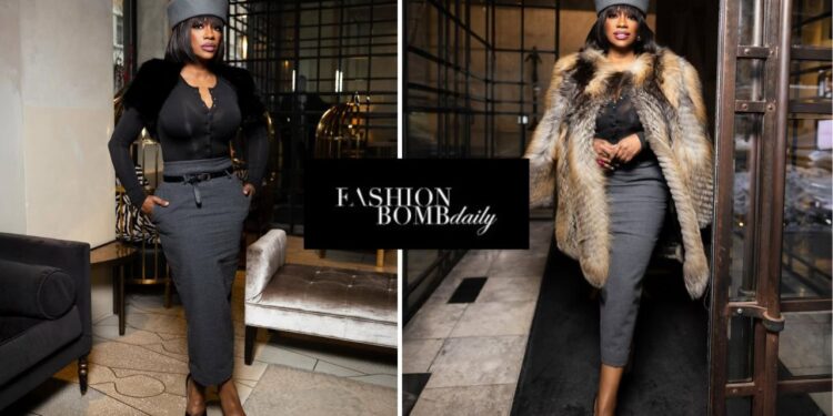 Kandi Burruss Stuns in Black and Grey The Frankie Shop Look with a iStyleBySonia Fur and Gucci Heels