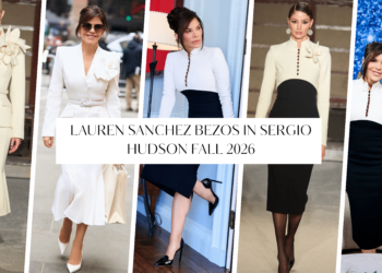 Lauren Sanchez Bezos in White and Black Sergio Hudson Fall 2026 Structured Peplum and Colorblock Knit Dresses on Television Appearances